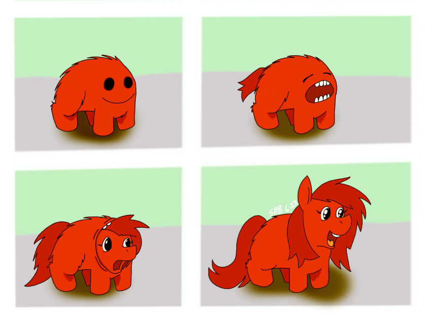 ambiguous_gender feral fluffsplosion fluffy_pony four_frame_image fur hair jellenheimer red_body red_fur red_hair simple_background solo transformation