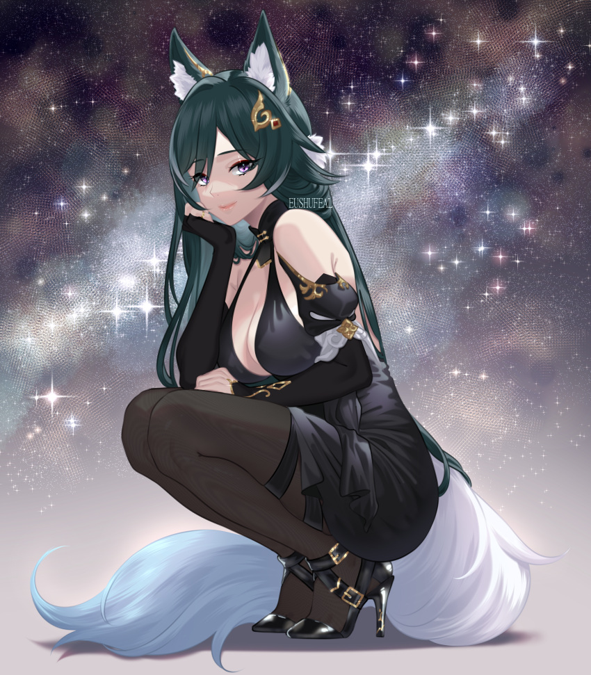 1girl absurdres black_dress blak breasts cosmos dress eushufeal gold high_heels highres honkai:_star_rail honkai_(series) jewelry kitsune non-web_source pantyhose shine yukong_(honkai:_star_rail)