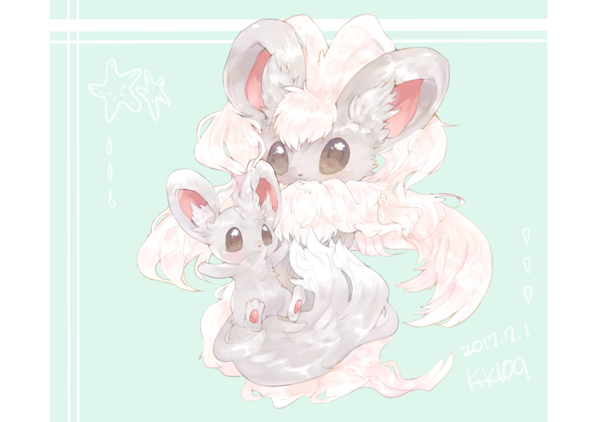 animal_ear_fluff artist_name black_eyes blue_background blush cinccino closed_mouth commentary_request dated evolutionary_line fluffy full_body happy letterboxed light_blush long_hair minccino neck_fur ntmkn partial_commentary pawpads pokemon pokemon_(creature) signature sitting smile white_hair