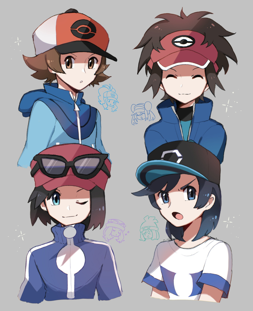 4boys absurdres baseball_cap black_hair black_headwear blue_jacket brown_eyes brown_hair calem_(pokemon) closed_eyes closed_mouth elio_(pokemon) eyewear_on_head grey_eyes hat highres hilbert_(pokemon) hood hooded_jacket jacket male_focus multiple_boys nate_(pokemon) one_eye_closed open_mouth parted_lips poke_ball_print pokemon red_headwear shirt short_sleeves smile swept_bangs touyarokii turtleneck turtleneck_jacket v-shaped_eyebrows visor_cap white_shirt