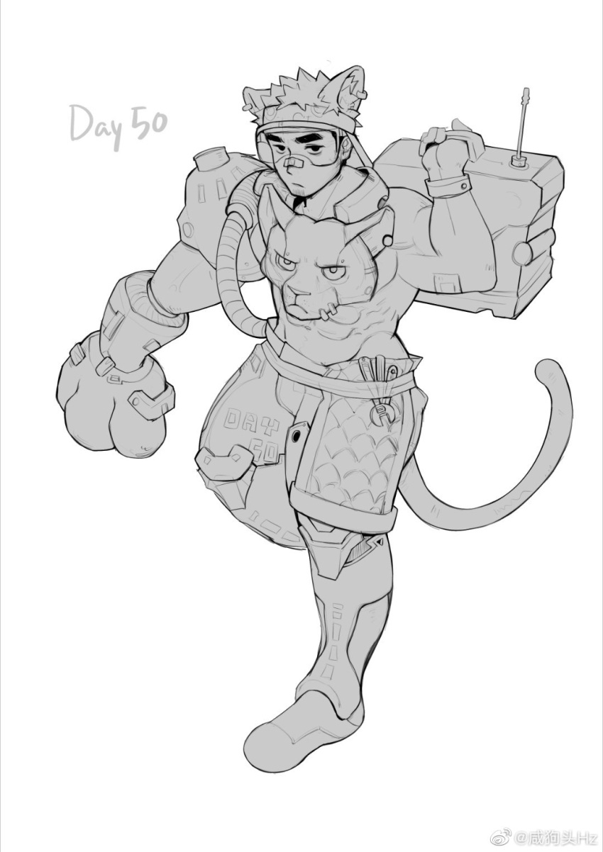 1boy abs animal_ears bandaid bandaid_on_face bandaid_on_nose bara biceps bulge cat_boy cat_ears cat_tail full_body goatee_stubble goggles greyscale highres huge_eyebrows large_hands looking_at_viewer mature_male mechanic mechanical_legs monochrome original pectorals short_hair shorts sideburns_stubble sidepec solo tail thick_eyebrows walking wrench xian_goutou_hz