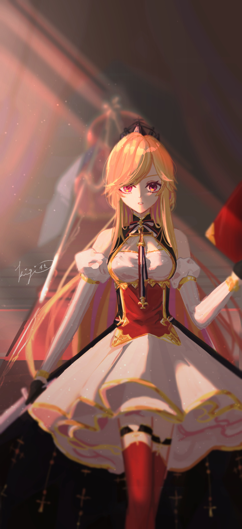 1girl azur_lane bare_shoulders black_gloves book caomei_shu detached_sleeves dress gloves gold_trim highres holding holding_book juliet_sleeves long_hair long_sleeves maltese_cross orange_hair puffy_sleeves purple_eyes red_thighhighs richelieu_(azur_lane) signature solo thigh_strap thighhighs vertical-striped_sleeves white_dress