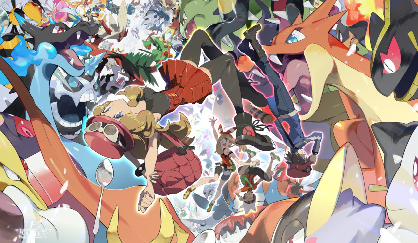 2boys 2girls :d abomasnow aerodactyl aggron alakazam ampharos arm_up audino backpack bag banette beedrill bike_shorts blaziken blonde_hair blue_jacket boots bow_hairband bracelet breasts brendan_(pokemon) calem_(pokemon) camerupt charizard closed_mouth collarbone diancie e_volution eyelashes eyewear_on_headwear fanny_pack garchomp gardevoir gengar glalie green_bag grey_eyes gyarados hairband hand_on_headwear handbag hat heracross jacket jewelry kangaskhan latias latios lopunny lucario manectric mawile may_(pokemon) medicham mega_abomasnow mega_aerodactyl mega_aggron mega_alakazam mega_ampharos mega_audino mega_banette mega_beedrill mega_blaziken mega_camerupt mega_charizard_x mega_charizard_y mega_diancie mega_garchomp mega_gardevoir mega_gengar mega_glalie mega_gyarados mega_heracross mega_kangaskhan mega_latias mega_latios mega_lopunny mega_lucario mega_manectric mega_mawile mega_medicham mega_metagross mega_pidgeot mega_pinsir mega_pokemon mega_sableye mega_salamence mega_sceptile mega_scizor mega_sharpedo mega_slowbro mega_steelix mega_swampert mega_tyranitar mega_venusaur metagross mewtwo multiple_boys multiple_girls open_mouth pants pidgeot pinsir pleated_skirt pokemon pokemon_(game) pokemon_oras pokemon_xy red_hairband red_shirt sableye salamence sceptile scizor serena_(pokemon) sharpedo shirt shoes short_hair shorts skirt sleeveless sleeveless_shirt slowbro smile steelix sunglasses swampert thighhighs tyranitar venusaur white_shorts yellow_footwear