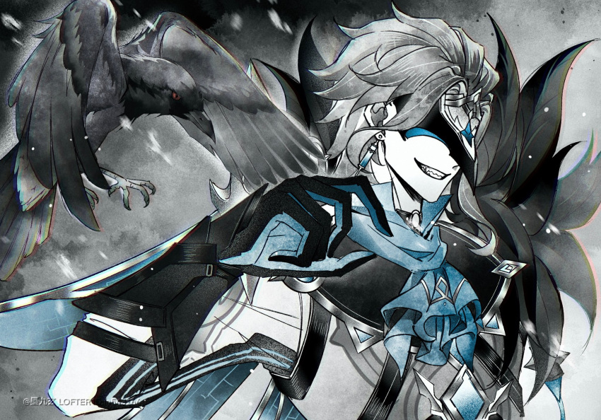 1boy arm_armor bird black_gloves coat covered_eyes crow dottore_(genshin_impact) earrings eye_mask genshin_impact gloves greyscale highres jewelry long_sleeves male_focus mask mojiuxuan monochrome sharp_teeth single_earring smile teeth white_coat