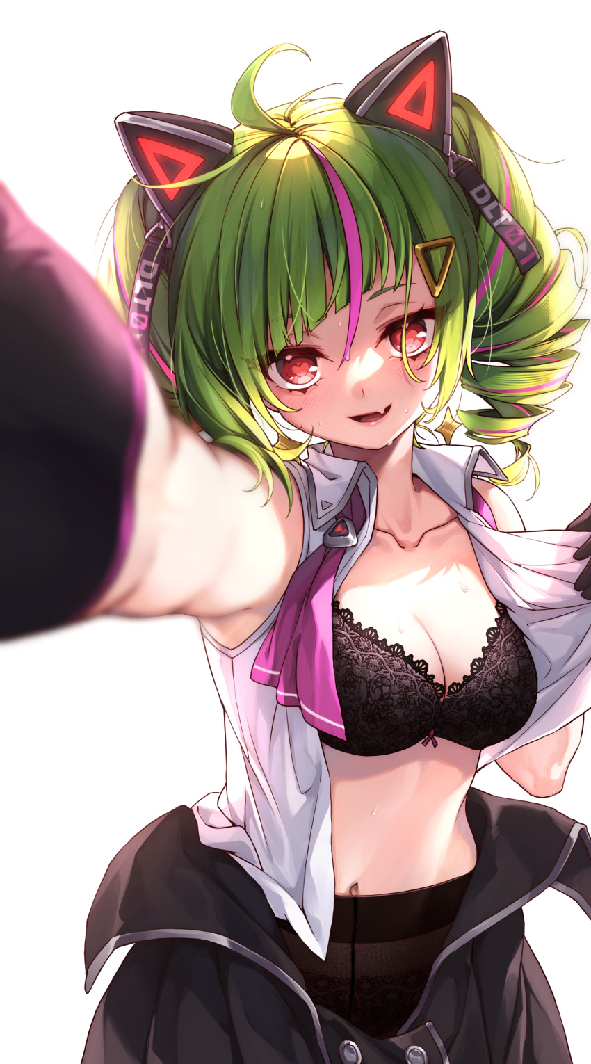 1girl absurdres ahoge animal_ear_headphones animal_ears bare_shoulders black_bra black_gloves black_pantyhose blush bra breasts cat_ear_headphones cat_ears cleavage clothes_pull commentary_request curry_bowl delutaya diagonal_bangs drill_hair earrings elbow_gloves fake_animal_ears fang gloves green_hair hair_ornament hairclip headphones highres indie_virtual_youtuber jewelry lace lace_bra looking_at_viewer medium_breasts midriff multicolored_hair navel open_clothes open_mouth open_shirt open_skirt opened_by_self pantyhose pink_hair red_eyes selfie shirt simple_background skin_fang skirt skirt_pull sleeveless sleeveless_shirt solo star_(symbol) star_earrings streaked_hair sweat triangle_hair_ornament twin_drills twintails unbuttoned underwear very_sweaty virtual_youtuber white_background white_shirt