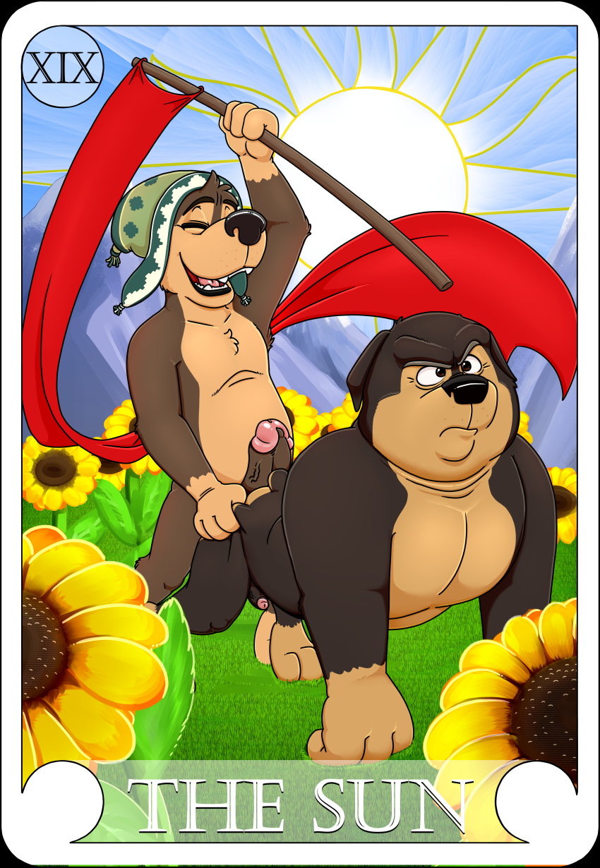 absurd_res anthro bodi_(rock_dog) canid canine canis card domestic_dog duo father_(lore) father_and_child_(lore) father_and_son_(lore) flower genitals hi_res humanoid_genitalia humanoid_penis incest_(lore) khampa_(rock_dog) male male/male mammal neenya outside parent_(lore) parent_and_child_(lore) parent_and_son_(lore) penis plant rock_dog son_(lore) sunflower tarot_card