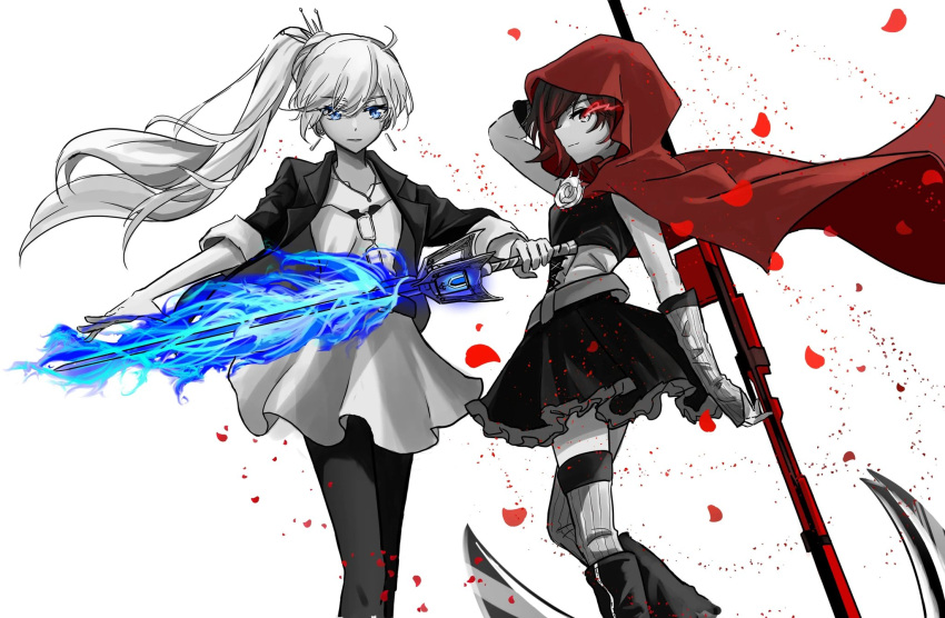 2girls black_dress blue_eyes blush cape color_contrast dress english_commentary flaming_sword flaming_weapon glowing glowing_eye gradient_hair grey_eyes highres holding holding_weapon jacket long_hair multicolored_hair multiple_girls petals red_hair red_hood rose_petals ruby_rose rwby scar scar_across_eye scythe short_hair sword tuemei weapon weiss_schnee white_dress white_hair yuri