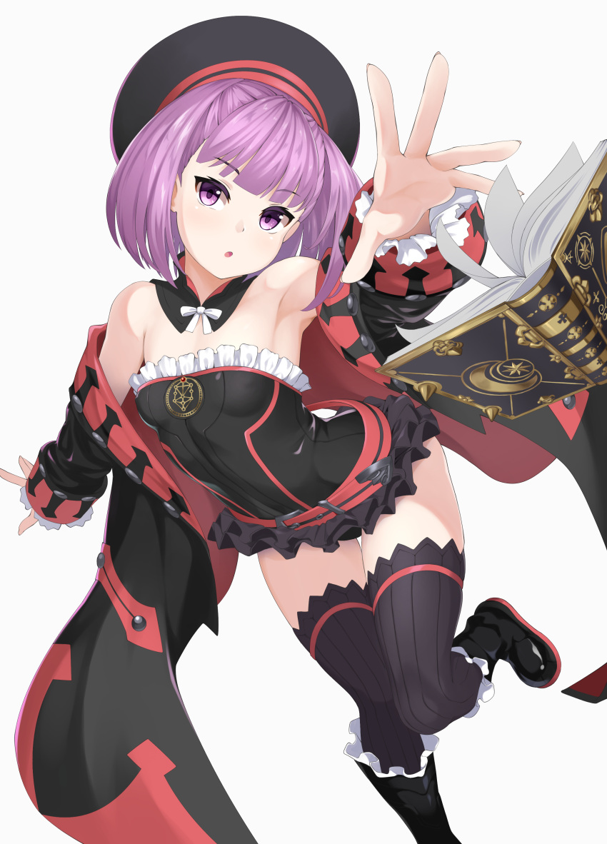 1girl absurdres bare_shoulders black_coat black_dress black_headwear black_thighhighs book breasts coat commentary detached_collar dress fate/grand_order fate_(series) hat helena_blavatsky_(fate) highres long_sleeves looking_at_viewer off_shoulder open_clothes open_coat open_mouth outstretched_arm purple_eyes purple_hair revision short_dress short_hair small_breasts solo thighhighs thighs yamachi_(xadp7533)
