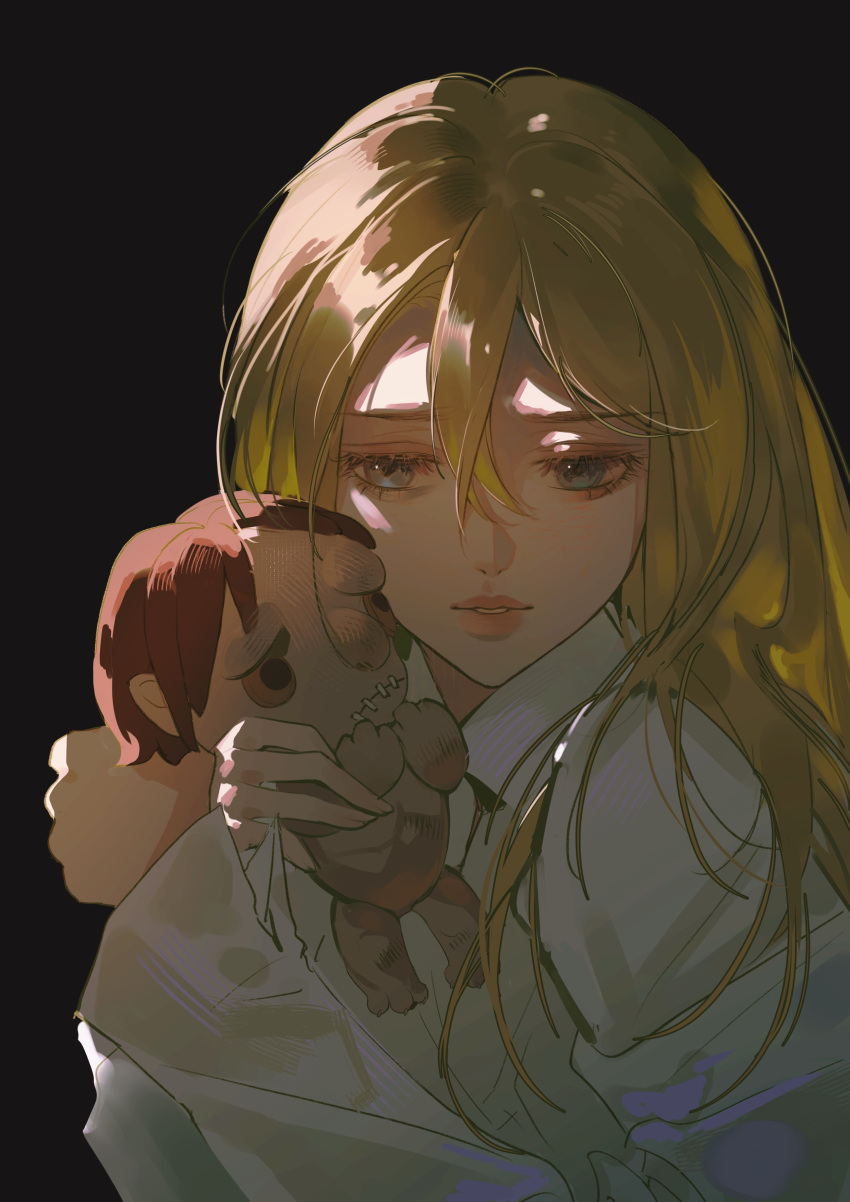 1girl absurdres black_background blonde_hair character_doll christa_renz collared_shirt eyelashes green_eyes half-closed_eyes hands_up highres implied_yuri jaw_titan light long_hair moyudexiaoge74519 sad shingeki_no_kyojin shirt solo_focus titan_(shingeki_no_kyojin) upper_body