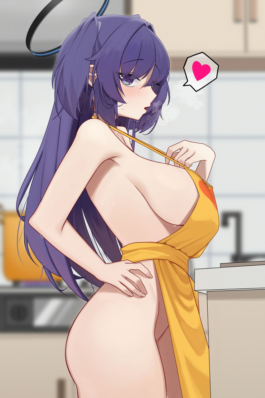 1girl absurdres apron blue_archive blurry blurry_background blush breasts breath cooking cooking_pot hair_intakes halo hand_on_own_hip heart highres indoors kitchen large_breasts long_hair looking_at_viewer mcbox naked_apron oven profile purple_eyes purple_hair sideboob sideways_glance solo spoken_heart stove two_side_up underwear very_long_hair yellow_apron yuuka_(blue_archive)