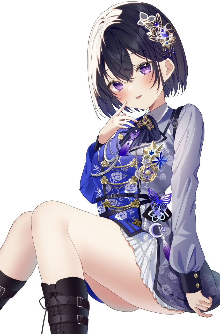 1girl :p ascot ass black_ascot black_footwear black_hair blue_dress blush boots bug butterfly butterfly_hair_ornament diamond-shaped_pupils diamond_(shape) dress finger_to_cheek grey_dress hair_ornament highres ichinose_uruha invisible_chair long_sleeves looking_at_viewer military_uniform miniskirt official_alternate_costume pome_charo purple_eyes short_dress short_hair simple_background sitting skirt solo symbol-shaped_pupils thighs tongue tongue_out uniform virtual_youtuber vspo! white_background white_skirt