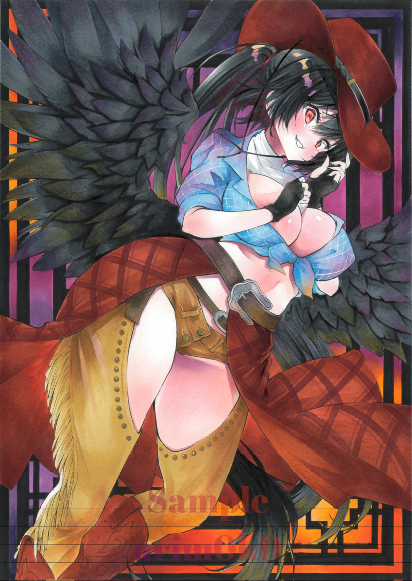 1girl absurdres arim0k0 artist_name belt black_hair black_wings blue_shirt blush breasts brown_footwear brown_headwear brown_shorts brown_skirt cleavage commentary cowboy_hat feet_out_of_frame hat highres kurokoma_saki large_breasts long_hair looking_at_viewer parted_lips pegasus_wings plaid plaid_shirt plaid_skirt ponytail red_eyes sample_watermark shirt short_shorts shorts skirt smile solo touhou traditional_media wings