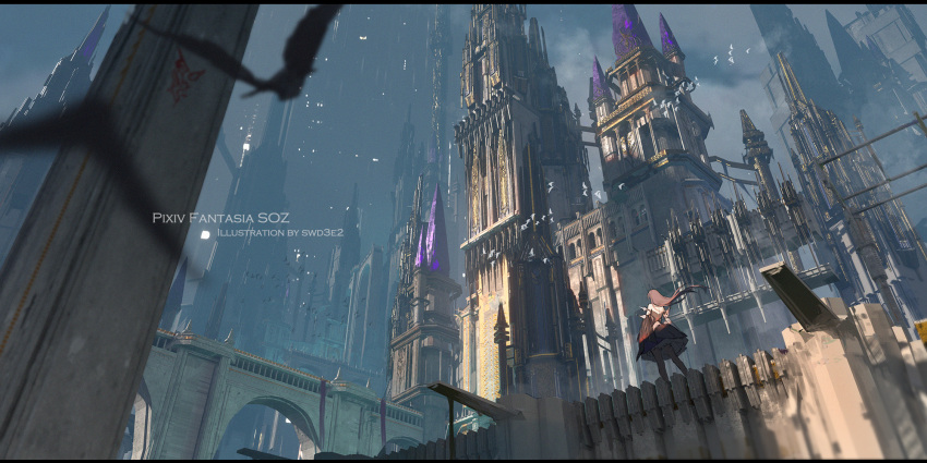 1girl architecture bare_shoulders bird bridge building cityscape cloud cloudy_sky from_behind highres long_hair pillar pixiv_fantasia pixiv_fantasia_scepter_of_zeraldia scenery sky solo swd3e2 tower white_bird