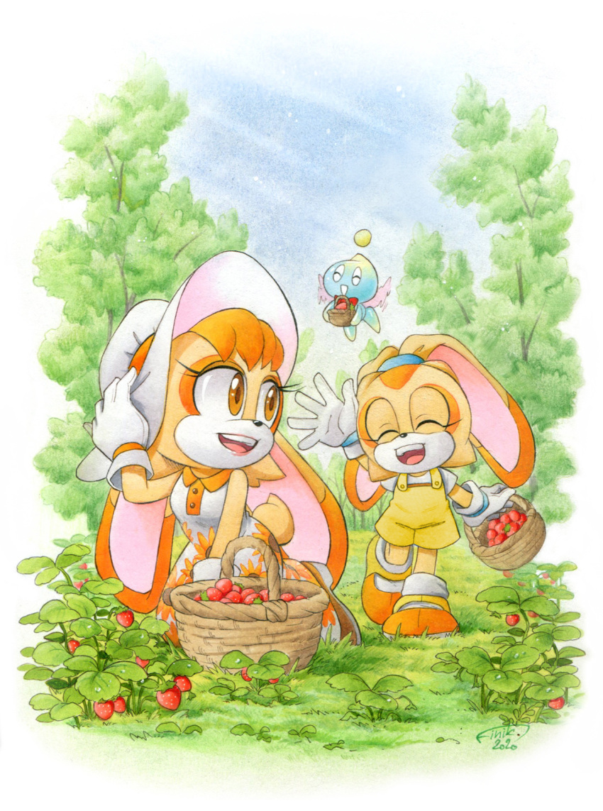 2girls artist_name basket berry blue_sky chao_(sonic) cheese_(sonic) closed_eyes cream_the_rabbit dated dress finik food fruit furry furry_female gloves grass hat highres holding holding_basket mother_and_daughter multiple_girls open_mouth orange_hair outdoors plant shoes signature sky sonic_(series) strawberry teeth tree upper_teeth_only vanilla_the_rabbit watermark waving white_gloves white_headwear yellow_overalls