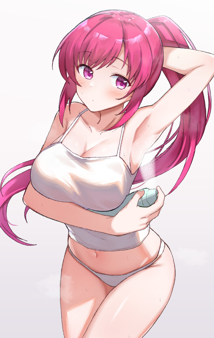 1girl absurdres arm_behind_head arm_under_breasts arm_up armpits asami_kei asymmetrical_bangs bare_arms bare_shoulders blush breasts camisole cleavage closed_mouth collarbone cowboy_shot crop_top deodorant dot_mouth expressionless floating_hair girlfriend_(kari) gradient_background highres large_breasts long_hair midriff navel no_pants panties pink_eyes pink_hair ponytail sabo_(artist) sidelocks simple_background solo spraying sweat swept_bangs underwear very_long_hair white_background white_camisole white_panties