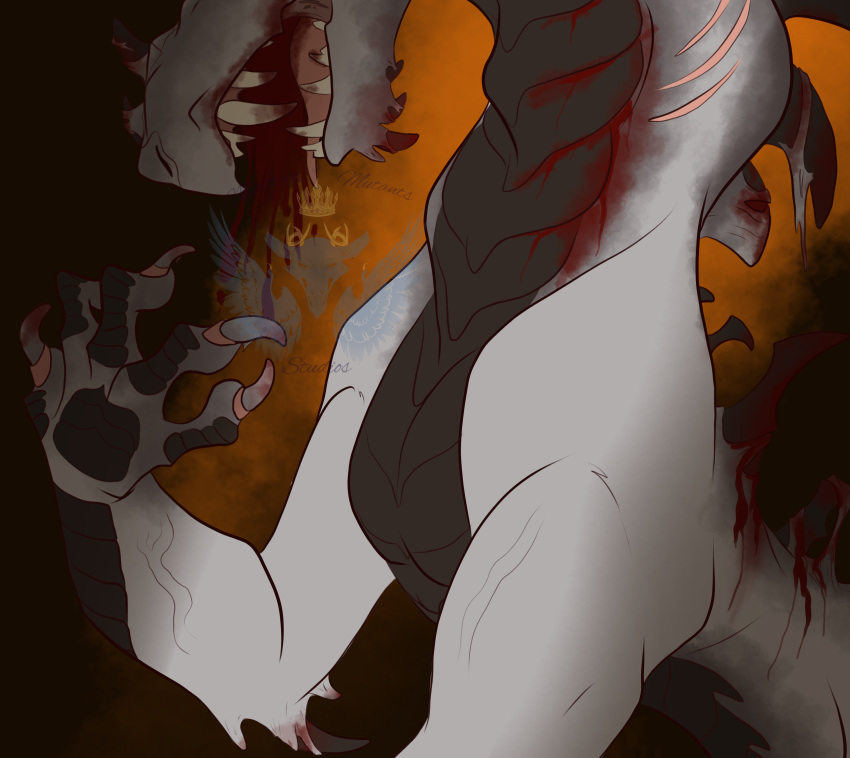 absurd_res anthro belly_scales blood blood_in_mouth blood_on_body blood_on_face blood_on_hand blood_on_teeth bodily_fluids claws cough coughing coughing_blood dorsal_ridge dragon feral gore gore_focus hi_res humanoid male mid_transformation monster monsters_and_mutants muscular muscular_male pain painful_transformation ripping scales scar scars_all_over solo spines torvin_steel-claws transformation vein veiny_arms