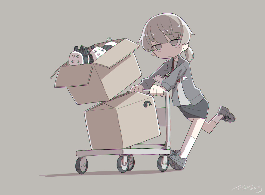 1girl black_skirt box cardboard_box closed_mouth collared_shirt commentary_request dropping expressionless frown full_body grey_background grey_eyes grey_hair grey_shirt highres id_card jitome kijio_tsugu kneehighs lanyard long_sleeves looking_ahead low_ponytail mole mole_under_eye open_clothes open_shirt pencil_skirt pushcart pushing running sanpaku shirt shoes short_ponytail sidelighting signature simple_background skirt sneakers socks solo tanaka_ahiru tsugu_(vtuber) virtual_youtuber white_socks