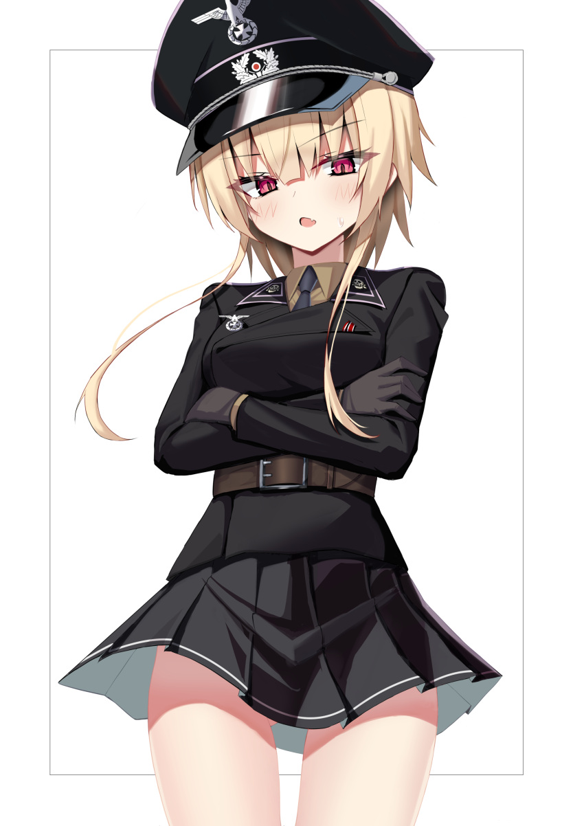 1girl absurdres belt blonde_hair brown_gloves crossed_arms fang gloves hat highres jiseki_rena looking_at_viewer military_uniform nazi necktie original peaked_cap red_eyes reichsadler rena_(jiseki_rena) short_hair_with_long_locks skin_fang skirt solo sweatdrop thighs tsurime uniform white_background