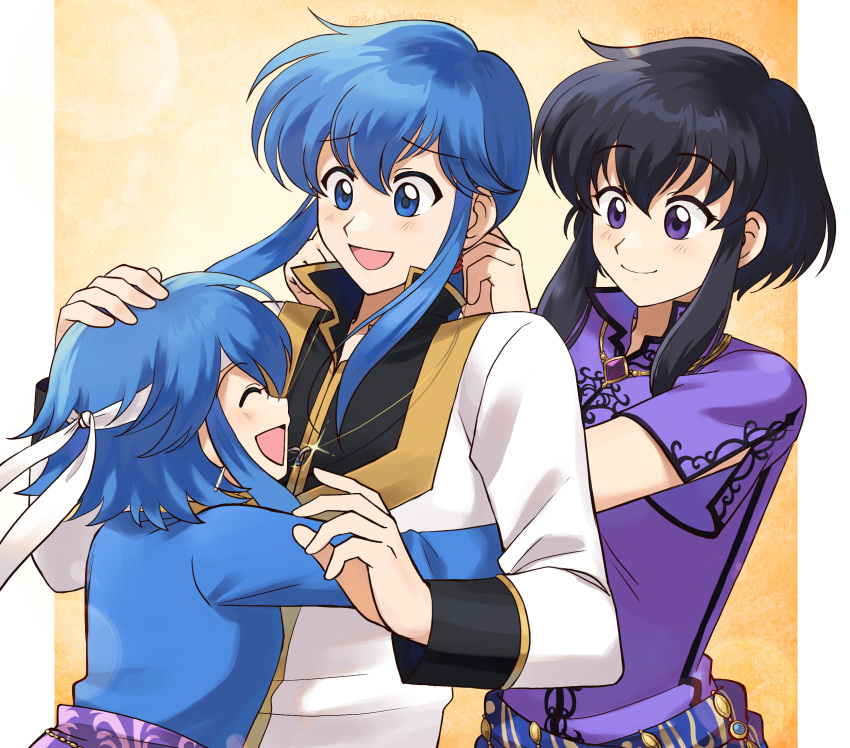 1boy 2girls aged_up alternate_costume betabetamaru black_hair black_shirt blue_eyes blue_hair blue_shirt blush child closed_eyes closed_mouth commentary_request commission father_and_daughter fire_emblem fire_emblem:_genealogy_of_the_holy_war gold_trim hair_between_eyes highres hug husband_and_wife if_they_mated jewelry larcei_(fire_emblem) long_hair long_sleeves looking_at_another mother_and_daughter multiple_girls necklace open_mouth ponytail purple_eyes purple_shirt sash seliph_(fire_emblem) shirt short_hair short_hair_with_long_locks short_sleeves sidelocks skeb_commission smile two-tone_shirt very_long_hair white_shirt