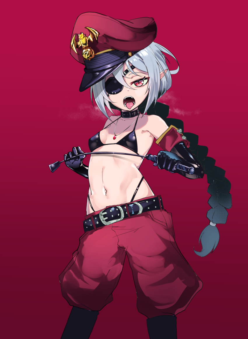 belt bikini black_gloves braid breasts choker commentary_request elbow_gloves eyepatch gloves hat highres long_hair looking_at_viewer military_hat navel open_mouth original peaked_cap piercing pointy_ears red_eyes revealing_clothes riding_crop ryuu_tou small_breasts swimsuit tongue tongue_out tongue_piercing vampire very_long_hair white_hair