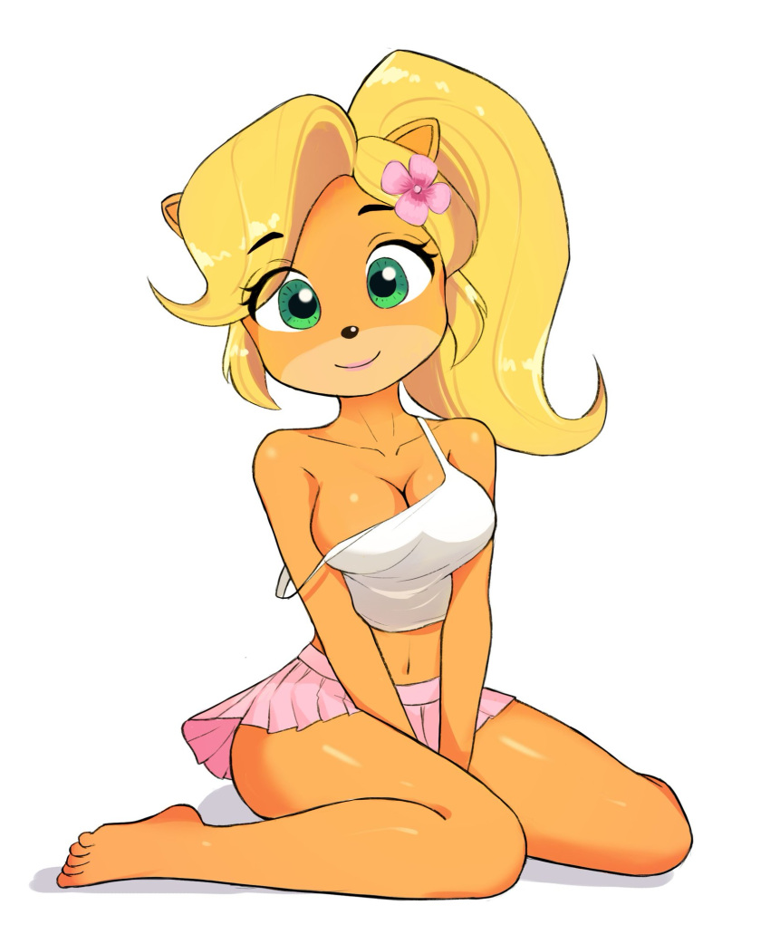 activision anonymous_artist anthro barefoot blonde_hair bottomwear breasts cleavage clothed clothing coco_bandicoot crash_bandicoot_(series) crop_top feet female fur hair hi_res shirt skirt smile solo topwear