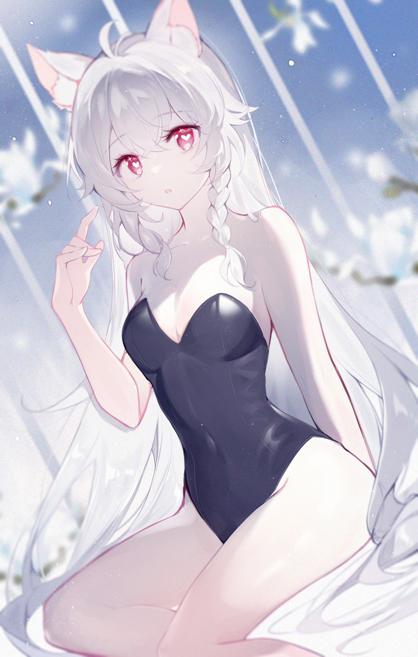 1girl ahoge animal_ear_fluff animal_ears antenna_hair bare_arms bare_legs bare_shoulders birdcage black_leotard braid breasts cage cleavage collarbone commission covered_navel feet_out_of_frame grey_hair hand_up heart heart-shaped_pupils highres leotard long_hair looking_at_viewer original parted_lips pixiv_commission qianqianjie red_eyes side_braid sitting small_breasts strapless strapless_leotard symbol-shaped_pupils very_long_hair