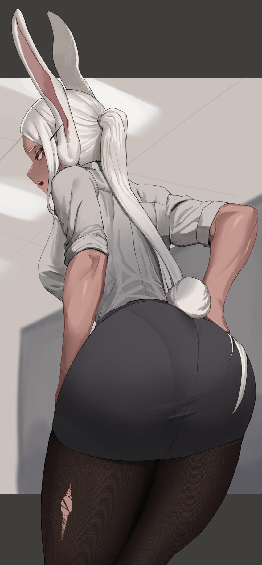 1girl absurdres animal_ears ass ass_focus black_pantyhose black_skirt boku_no_hero_academia dark-skinned_female dark_skin hand_on_own_hip highres indoors long_hair looking_at_viewer mirko office_lady pantyhose pantylines partition pencil_skirt ponytail rabbit_ears rabbit_tail red_eyes shirt sideways_glance skirt sleeves_rolled_up solo soolee040995 tail torn_clothes torn_pantyhose very_long_hair white_shirt