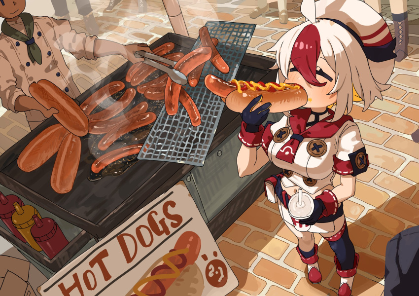 1girl 5others ahoge asymmetrical_legwear beret black_gloves black_socks black_thighhighs breasts buttons closed_eyes cooking drink drinking_straw eating food gloves greentanuki hair_between_eyes hat highres holding holding_drink holding_food hot_dog ketchup_bottle large_breasts multicolored_hair multiple_others navel nina_(moutama) original red_hair sausage shirt shoes short_sleeves single_sock single_thighhigh socks standing thighhighs two-tone_hair white_footwear white_hair white_headwear white_shirt