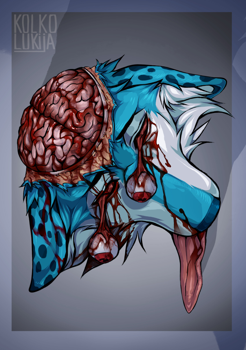 anthro blind blood blue_body blue_fur bodily_fluids brain brains corpse death decapitation deer fur gore hi_res kolkolukija male mammal organs red_eyes solo surgical_operation white_body white_fur