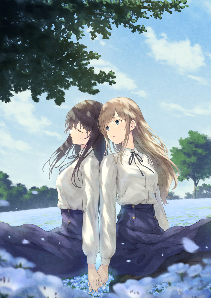 2girls absurdres back-to-back black_ribbon blue_eyes blue_flower blue_skirt blue_sky brown_hair closed_eyes closed_mouth cloud cloudy_sky collared_shirt dappled_sunlight feet_out_of_frame field flower flower_field from_side hair_between_eyes head_rest high-waist_skirt highres holding_hands landscape light_brown_hair long_hair long_skirt long_sleeves looking_at_another multiple_girls nature neck_ribbon nemophila_(flower) nuenue original ribbon shirt shirt_tucked_in sidelocks sitting skirt sky sleeping sunlight swept_bangs tree white_shirt yuri