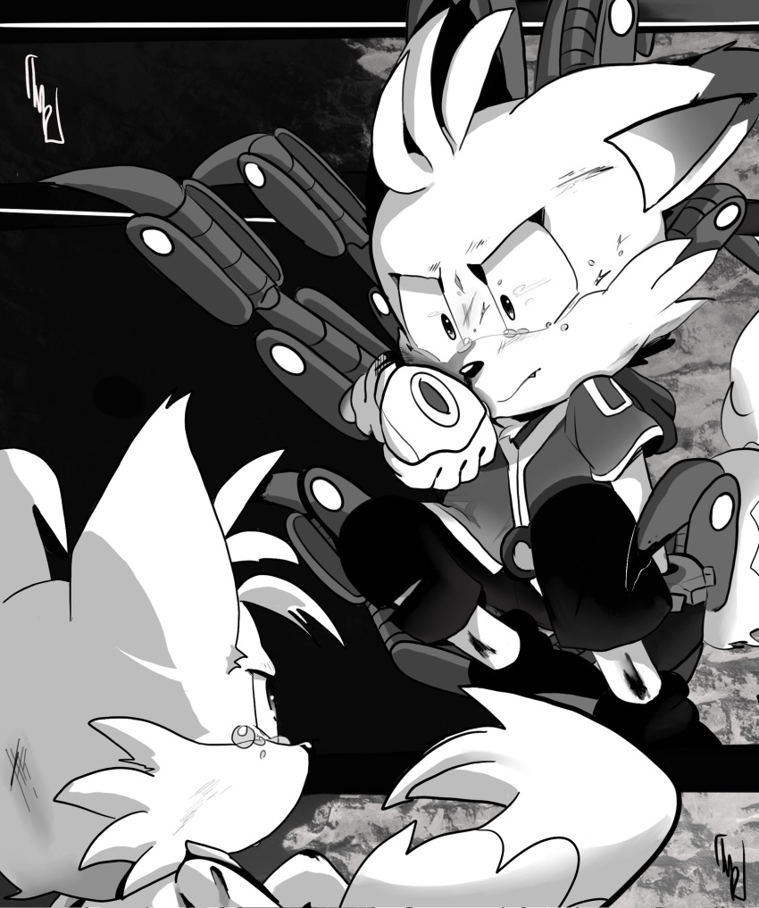 2boys animal_ears animal_nose blood blood_on_weapon body_fur commentary english_commentary fighting fox_boy fox_cub fox_ears fox_tail furry furry_male gloves greyscale hands_on_own_face highres male_focus mechanical_tail mechanical_tentacles monochrome multiple_boys nine_(sonic) pillynaps sonic_(series) sonic_prime tail tails_(sonic) tears weapon