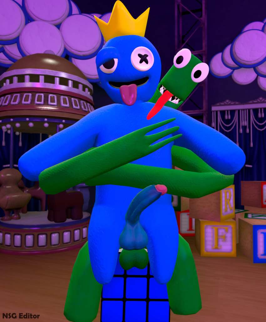 3d_(artwork) anal anal_penetration balls big_balls big_penis blue_(rainbow_friends) blue_body crown digital_media_(artwork) duo embrace erection from_behind_position genitals green_(rainbow_friends) green_body headgear hi_res hug hugging_from_behind humanoid long_arms male male/male nsg_editor open_mouth penetration penis rainbow_friends roblox sex sharp_teeth source_filmmaker teeth tongue tongue_out
