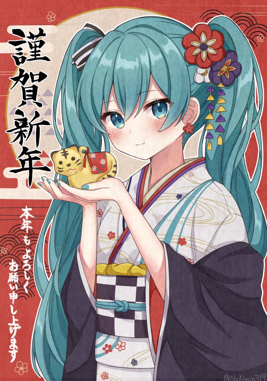 1girl blue_eyes blue_hair blue_nails blush checkered_sash chinese_zodiac closed_mouth dot_nose earrings egasumi faux_traditional_media flower flower_earrings hair_between_eyes hair_flower hair_ornament hair_ribbon hatsune_miku highres holding japanese_clothes jewelry kanzashi kimono long_hair long_sleeves looking_at_viewer nail_polish nengajou new_year noneon319 obi open_hands own_hands_together raised_eyebrows red_background ribbon sash seigaiha sidelocks signature smile solo striped striped_ribbon tiger translation_request twintails upper_body uroko_(pattern) vocaloid white_kimono wide_sleeves year_of_the_tiger