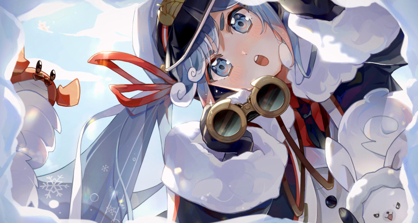 1girl :o animal binoculars black_coat black_eyes black_gloves black_necktie blue_eyes blue_hair chinese_commentary cloud coat commentary crab day eyewear_around_neck fur-trimmed_coat fur-trimmed_hood fur_trim gloves hat hatsune_miku highres holding holding_binoculars hood jacket leaning_to_the_side lens_flare long_hair looking_at_viewer military military_uniform nanasun_(nnsn02777) naval_uniform necktie open_mouth outdoors outstretched_arm peaked_cap rabbit rabbit_yukine red_shirt shirt snow snowflake_print solo teeth twintails uniform upper_teeth_only v-shaped_eyes variant_set vocaloid wavy_hair white_hair white_headwear white_jacket yuki_miku yuki_miku_(2022)