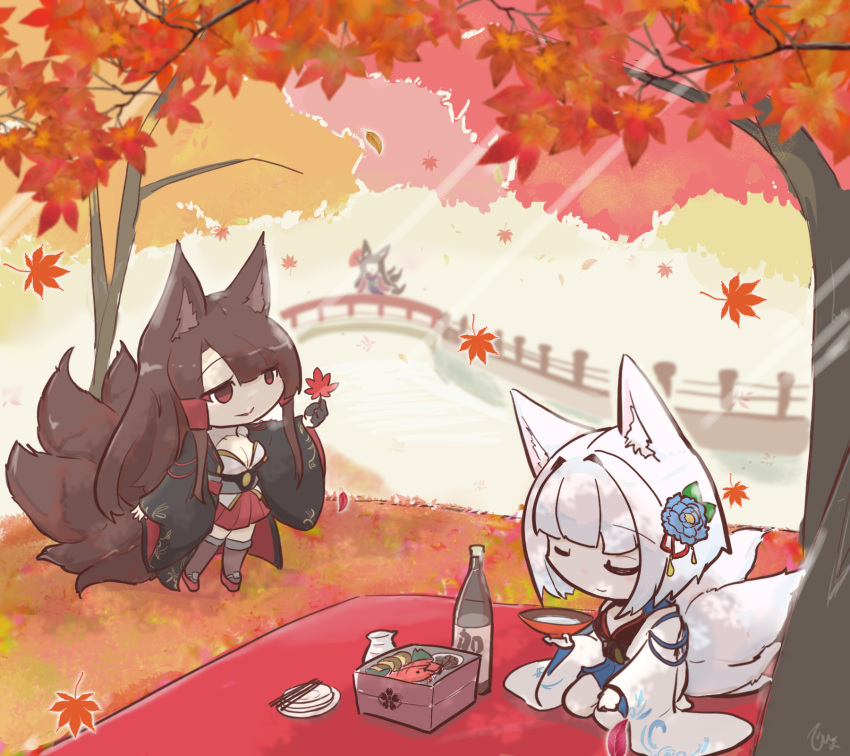 3girls akagi_(azur_lane) alcohol amagi_(azur_lane) animal_ears autumn_leaves azur_lane black_gloves black_kimono blue_flower blue_skirt bottle breasts brown_hair brown_tail brown_thighhighs chibi chopsticks cleavage closed_eyes closed_mouth commentary_request commission cup dappled_sunlight day falling_leaves flower food fox_ears fox_girl fox_tail gloves hair_flower hair_ornament hair_tubes half_gloves hand_up highres himajin_(fd_jin) holding holding_cup holding_leaf japanese_clothes kaga_(azur_lane) kimono leaf light_blush light_rays light_smile long_hair long_sleeves maple_leaf multiple_girls multiple_tails no_nose on_ground open_clothes open_kimono outdoors outstretched_arm picnic pixiv_commission plate pleated_skirt red_eyes red_skirt sakazuki sake sakura_empire_(emblem) seiza short_hair shrug_(clothing) sidelocks single_glove sitting skirt standing sunbeam sunlight tail thighhighs tokkuri tree under_tree very_long_hair white_hair white_kimono white_tail wide_sleeves