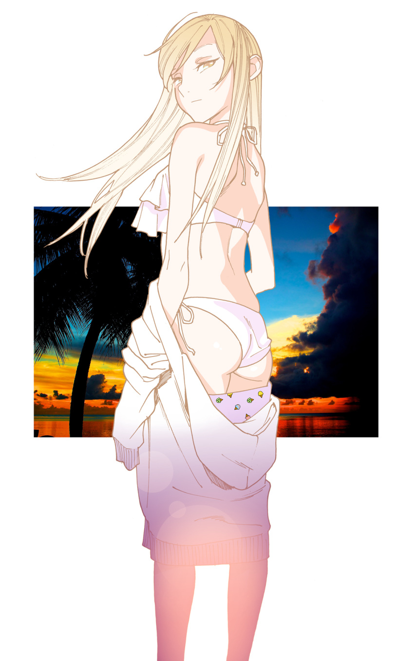 1girl ass bikini blonde_hair commentary_request frilled_bikini frills highres hood hoodie kishi_torajirou long_hair looking_at_viewer otome_no_teikoku otosawa_yuu profile side-tie_bikini_bottom solo swimsuit white_bikini white_hoodie yellow_eyes