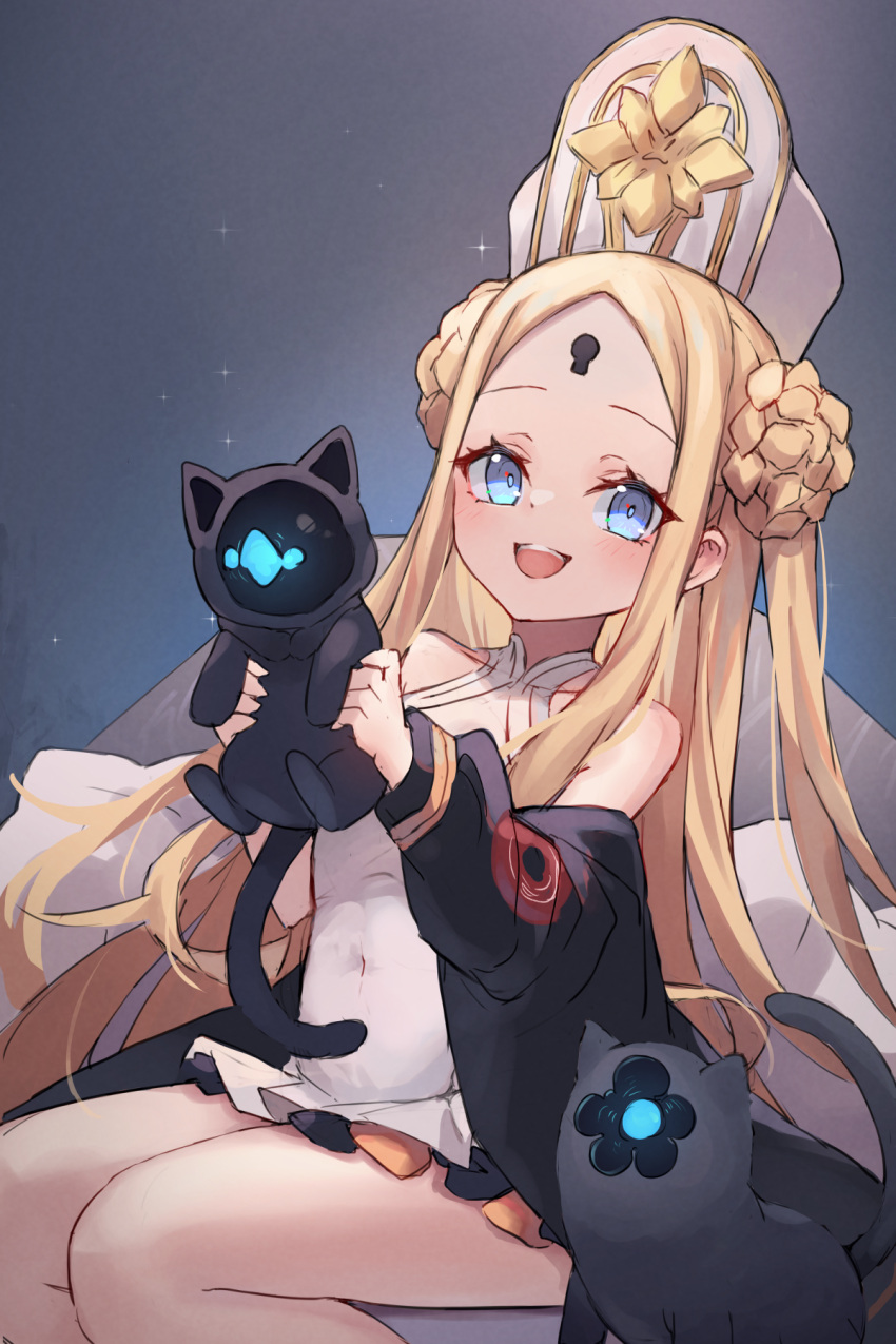 1girl abigail_williams_(fate) abigail_williams_(swimsuit_foreigner)_(fate) abigail_williams_(swimsuit_foreigner)_(second_ascension)_(fate) bare_shoulders black_bow black_cat black_jacket blonde_hair blue_eyes blush bow braid braided_bun breasts cat double_bun dress_swimsuit fate/grand_order fate_(series) forehead hair_bun hat highres jacket keyhole long_hair looking_at_viewer mitre miya_(miyaruta) off_shoulder one-piece_swimsuit open_mouth orange_bow parted_bangs sidelocks sitting small_breasts smile swimsuit thighs twintails very_long_hair white_headwear white_one-piece_swimsuit