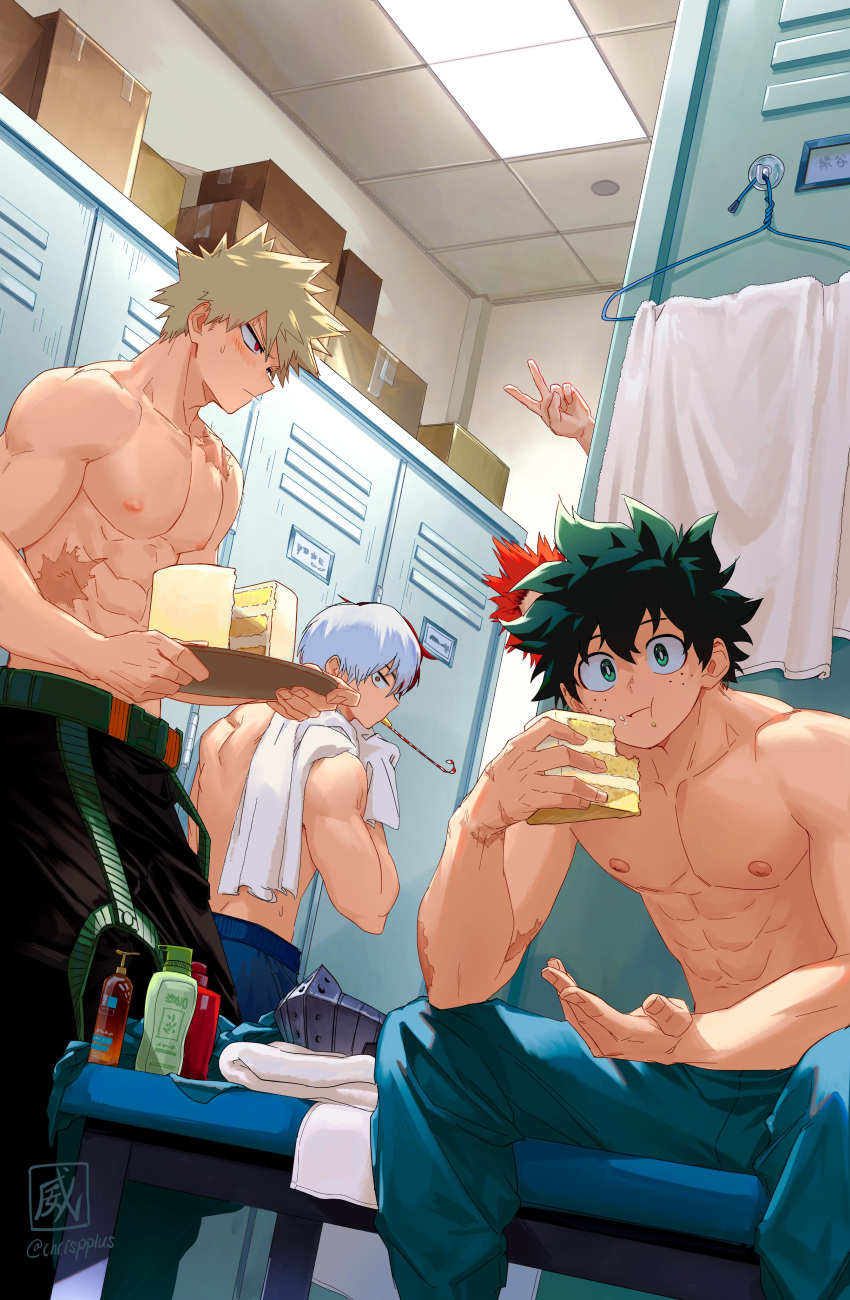 4boys abs absurdres bakugou_katsuki bara black_pants blonde_hair blue_pants blush boku_no_hero_academia cake cake_slice chrispplus food freckles green_hair green_pants highres holding holding_food kirishima_eijirou large_pectorals looking_at_viewer male_focus midoriya_izuku multicolored_hair multiple_boys muscular muscular_male navel nipples pants pectorals red_hair short_hair todoroki_shouto topless_male towel towel_on_one_shoulder two-tone_hair v white_hair