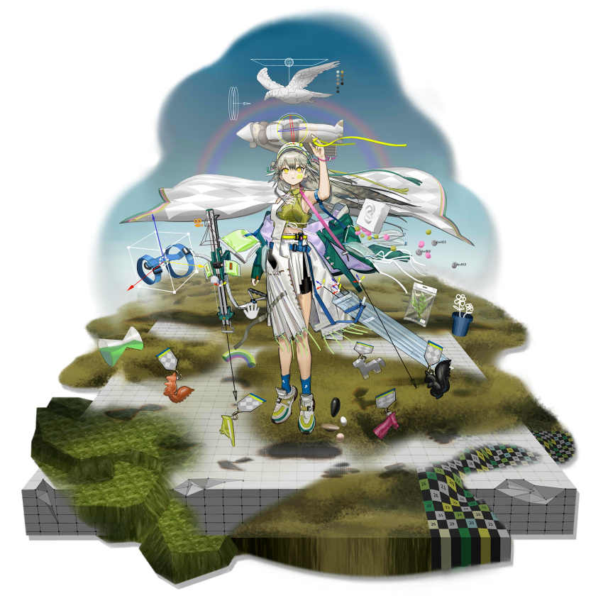1girl 3d arknights arrow_(symbol) asymmetrical_skirt bird black_shorts blue_socks bright_pupils cape checkered_cape color_guide fartooth_(arknights) fartooth_(hear_the_wind_sing)_(arknights) floating full_body green_shirt grey_hair highres horse long_hair norizc numbered plant potted_plant rainbow shadow shield shirt shoes shorts skirt sleeveless sneakers socks solo split_depth squirrel sticker_on_face surreal white_pupils white_skirt wind yellow_eyes