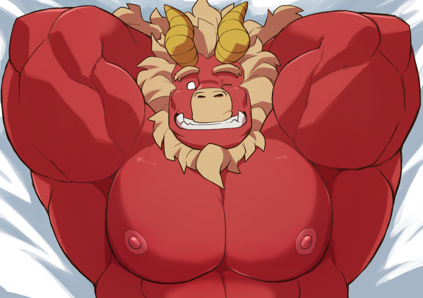 1boy absurdres armpits arms_behind_head bara beard biceps blank_eyes colored_skin curled_horns dakimakura_(medium) demon_boy demon_horns facial_hair forked_eyebrows furry furry_male gardie_(otsukimi) grin highres horns huge_eyebrows large_pectorals lion_hair long_hair looking_at_viewer lying male_focus muscular muscular_male nipples nude on_back one_eye_closed original otsukimi pectorals red_skin smile solo tusks upper_body