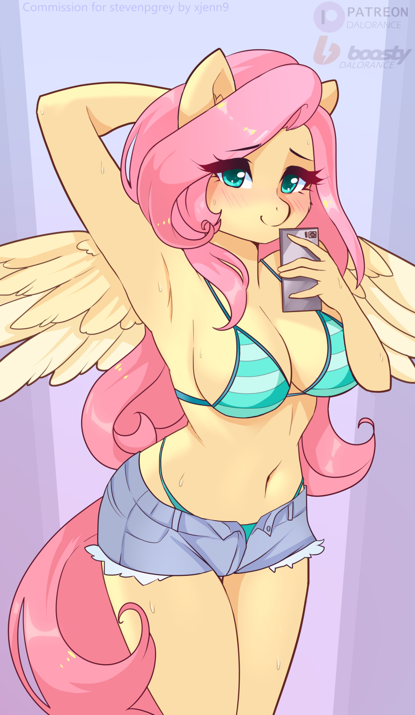 absurd_res anthro anthrofied big_breasts bikini bottomwear breasts cellphone clothing cutoffs daisy_dukes denim denim_clothing equid equine feathers female fluttershy_(mlp) friendship_is_magic hasbro hi_res holding_cellphone holding_object holding_phone hotpants mammal my_little_pony pegasus phone shorts solo swimwear wings xjenn9 yellow_body yellow_feathers