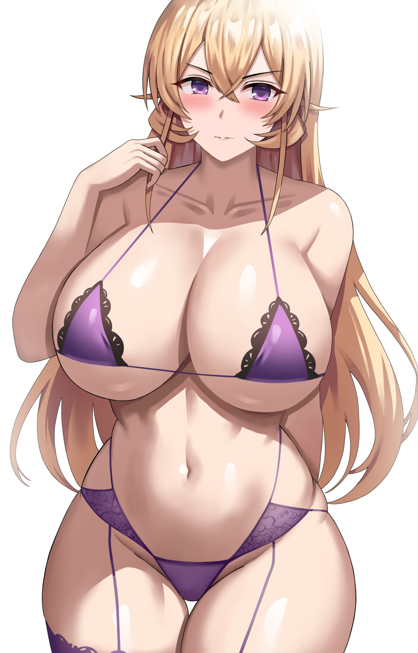 1girl absurdres alternate_breast_size arm_behind_back blush bra breasts closed_mouth collarbone commentary curvy garter_belt groin hand_up highres huge_breasts jasony lingerie looking_at_viewer nakiri_erina navel panties purple_bra purple_garter_belt purple_panties shokugeki_no_souma simple_background solo stomach thigh_gap underwear v-shaped_eyebrows white_background