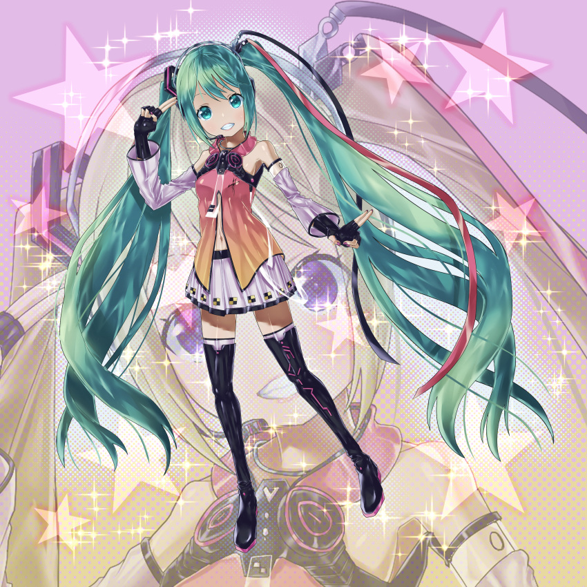 1girl absurdres aqua_eyes aqua_hair detached_sleeves freely_tomorrow_(vocaloid) full_body happy hatsune_miku highres long_hair looking_at_viewer masatakaman55go nail_polish navel project_diva_(series) project_diva_f skirt smile solo star_voice_(module) twintails very_long_hair vocaloid white_skirt