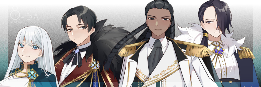 1girl 3boys aiguillette angelica_(library_of_ruina) ascot astolfo_(project_moon) badge black_ascot black_eyes black_hair blue_eyes buttons cape closed_mouth collared_shirt dark-skinned_male dark_skin dreadlocks epaulettes fur_trim hair_over_one_eye highres jacket library_of_ruina long_hair low_ponytail multiple_boys olivier_(library_of_ruina) project_moon purple_hair roland_(library_of_ruina) shirt smile to_ame_ha_yaiba upper_body very_long_hair white_cape white_hair white_jacket white_shirt