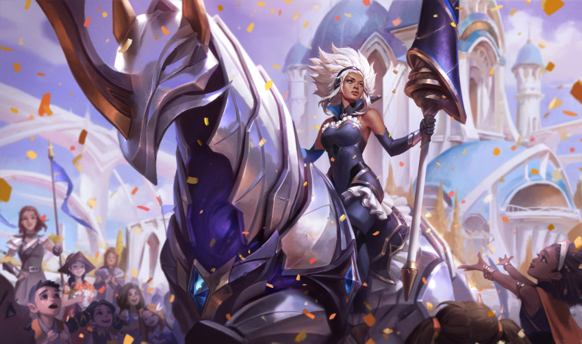 6+girls armlet bangle battle_queen_rell black_hair bracelet breasts brown_hair castle chenbo child confetti crowd dark-skinned_female dark_skin day english_commentary flag hat highres holding holding_weapon jewelry lance league_of_legends medium_breasts multiple_girls outdoors polearm rell_(league_of_legends) riding short_twintails twintails weapon white_hair