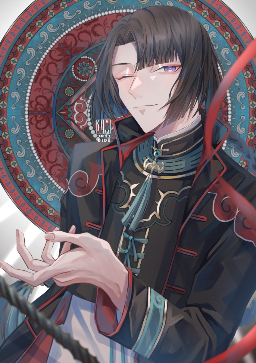 1boy artist_name asymmetrical_bangs black_coat black_hair braid braided_ponytail changpao chinese_clothes coat dated fate/grand_order fate_(series) fishing_rod highres ichimichi_111 long_hair long_sleeves looking_at_viewer male_focus mosaic_background one_eye_closed purple_eyes smile solo tai_gong_wang_(fate) upper_body