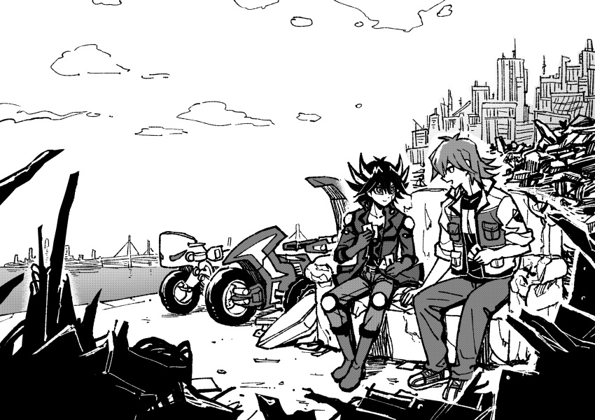 2boys belt black_hair boots bridge bruno_(yu-gi-oh!) card city cityscape cloud cloudy_sky couch d-wheel day dock facial_mark fudou_yuusei greyscale hand_up happy high_collar highres holding holding_card jacket junkyard knee_boots knee_pads looking_at_another male_focus marking_on_cheek monochrome motor_vehicle motorcycle multiple_boys ocean on_couch open_clothes open_jacket open_mouth outdoors pants pocket screentones shirt shoes short_hair shoulder_pads sitting sky skyline sleeves_rolled_up smile sneakers spiked_hair suspension_bridge talking trading_card youko-shima yu-gi-oh! yu-gi-oh!_5d's