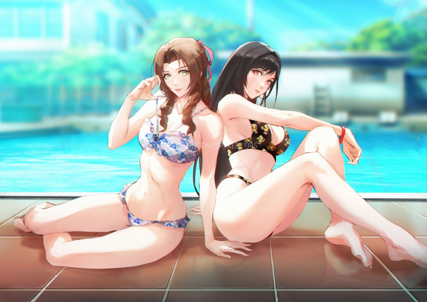 2girls aerith_gainsborough alternate_costume barefoot bikini black_bikini black_hair blurry blurry_background braid braided_ponytail breasts brown_eyes brown_hair closed_mouth feet final_fantasy final_fantasy_vii final_fantasy_vii_remake forehead green_eyes highres knees_up large_breasts legs lips long_hair looking_at_viewer medium_breasts multiple_girls navel outdoors parted_bangs pink_lips pool spykeee stomach swimsuit tifa_lockhart toes twitter_username water white_bikini