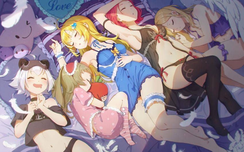 5girls absurdres ahoge angel_wings animal_ears arm_ribbon armband babydoll barefoot bed_sheet black_babydoll black_choker black_panties black_ribbon black_shirt black_thighhighs blonde_hair blue_nightgown blue_ribbon bow breasts bridal_garter brown_hair buttons camisole carrot_pillow chinese_commentary choker cleavage closed_eyes commentary crop_top cropped_shirt english_text feathers female_child fingernails frilled_armband frilled_pillow frilled_shirt frills grey_hair hair_ornament hairclip hand_on_own_stomach hands_up heart heart_pillow highres holding holding_pillow long_hair lying medium_breasts multiple_girls nail_polish navel neck_ribbon nightgown official_art on_back on_side open_mouth panties parted_lips pillow pink_bloomers pink_shirt pink_socks polka_dot polka_dot_shirt puffy_short_sleeves puffy_sleeves purple_bow purple_camisole purple_nails rabbit_ears red_hair red_ribbon ribbon shirt short_hair short_sleeves sleeping small_breasts socks star_pillow stomach thigh_strap thighhighs underwear vow_of_heroes white_feathers white_wings wings yellow_bow yun_(etkami)