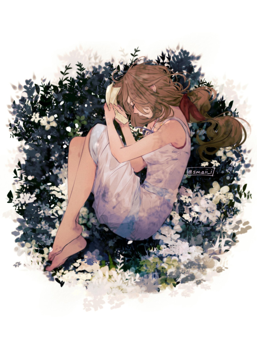 1girl aerith_gainsborough bare_arms bare_shoulders barefoot brown_hair closed_eyes closed_mouth commentary crisis_core_final_fantasy_vii dress english_commentary feet fetal_position field final_fantasy final_fantasy_vii flower flower_field from_above from_side full_body hair_ribbon highres holding holding_letter knees_up letter long_hair maiii_(smaii_i) messy_hair profile red_ribbon ribbon sleeveless sleeveless_dress solo spaghetti_strap twitter_username